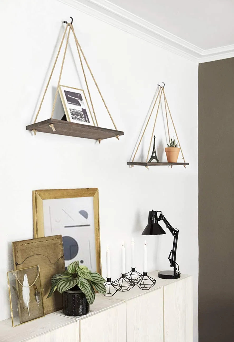 Minimalist Wooden Rope Swing Wall Plant Shelf