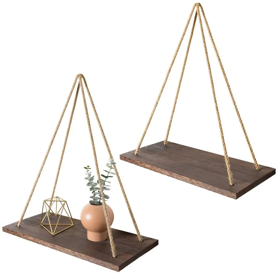 Minimalist Wooden Rope Swing Wall Plant Shelf