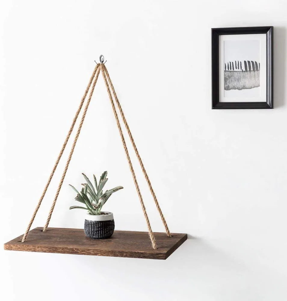 Minimalist Wooden Rope Swing Wall Plant Shelf